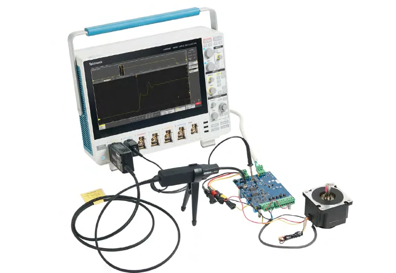 Oscilloscope circuit board testing showing signal waveform analysis on PCB communication bus and power supply rails