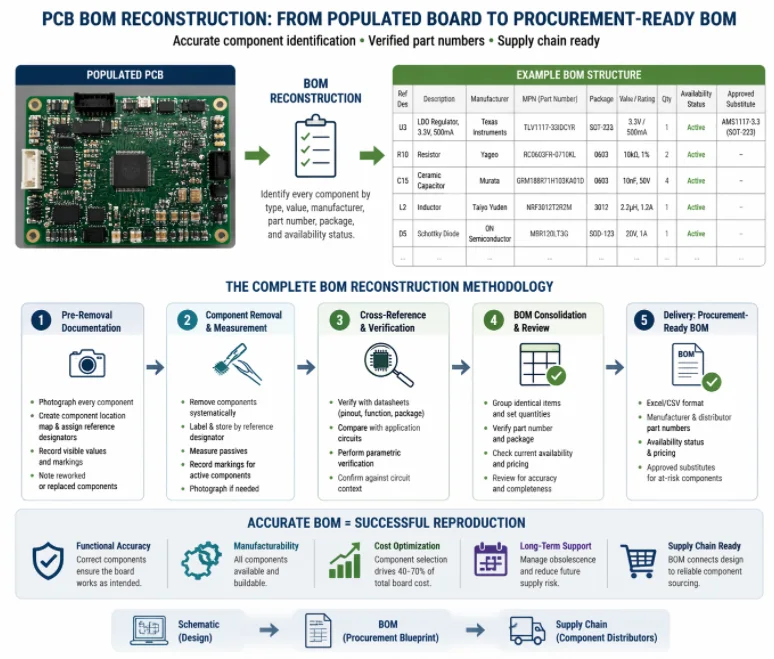 Infographic detailing the 5-step PCB BOM reconstruction methodology, from a populated circuit board to a procurement-ready Bill of Materials.