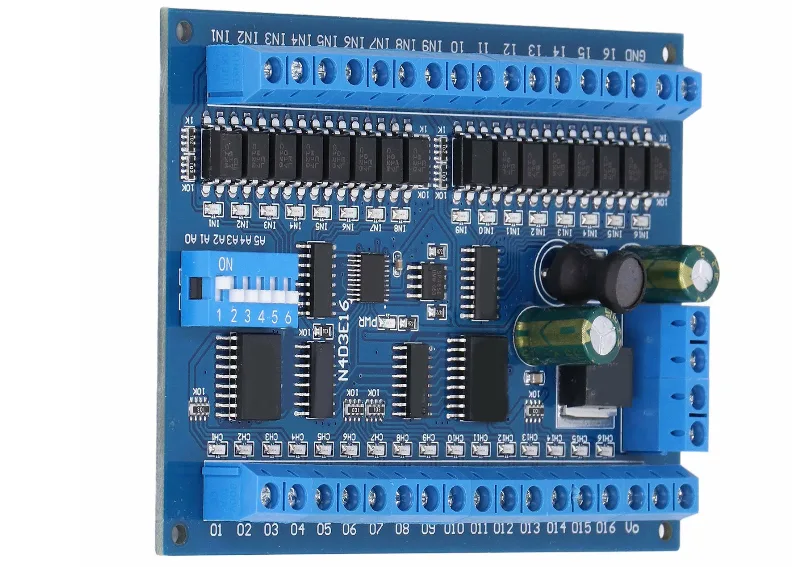 Blue OEM industrial control board PCBA featuring multi-channel I/O terminal blocks and configuration DIP switches