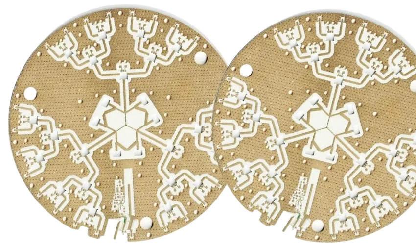 Rogers AD300 PCB with white substrate and gold plated RF traces for high frequency applications