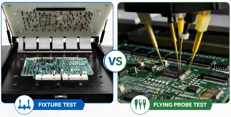 Comparison of Electrical Testing PCB methods: left side shows fixture testing, right side shows flying probe testing.
