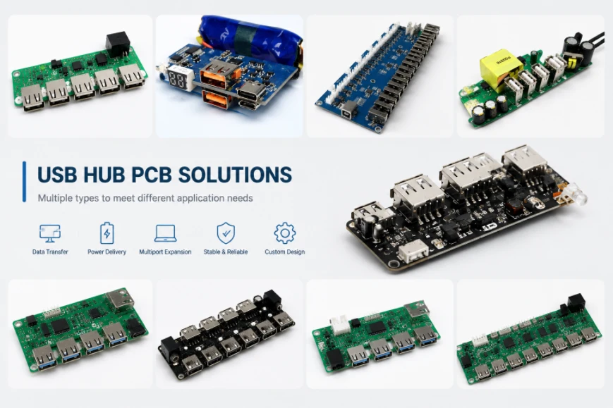 Multiple types of custom USB hub PCBA boards designed for different industrial and commercial application needs.
