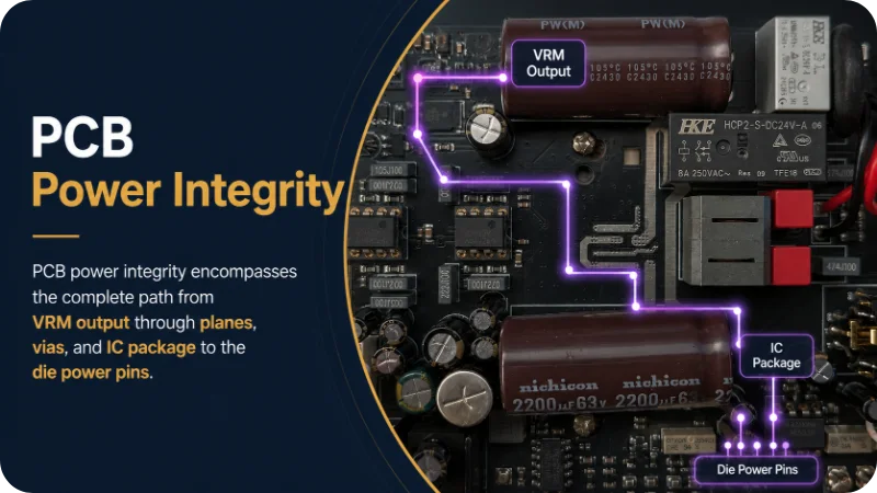 PCB power integrity design: power distribution network layers, decoupling capacitor placement, and VRM positioning on a multilayer PCB
