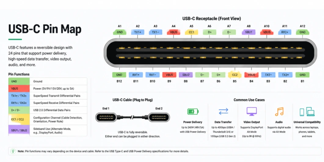Technical USB-C pin map diagram showing 24-pin receptacle pinout and signal functions for hardware engineering and PCB layout.
