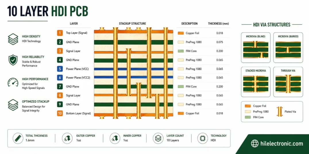10 layer HDI PCB microvia and buildup structure