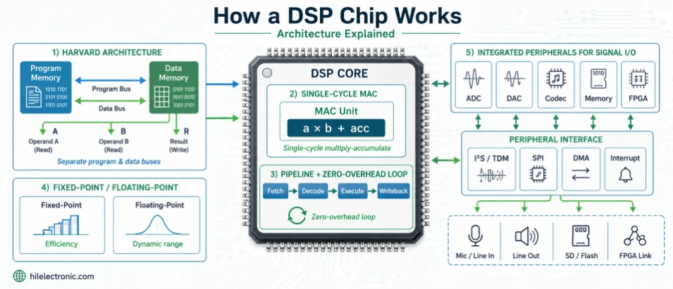 digital signal processor architecture diagram with memory buses and processing core