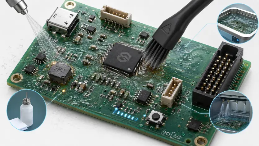 how to clean flux off pcb assembly and layout details
