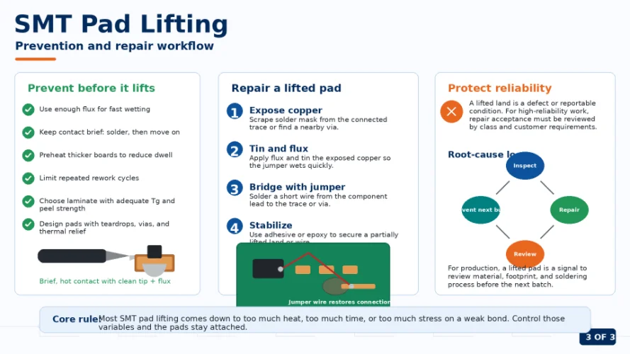 SMT pad lifting prevention and repair workflow