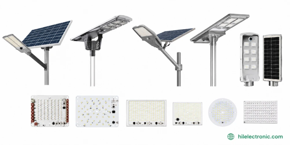 Solar LED street light PCB reference for controller and battery-management quotation review.