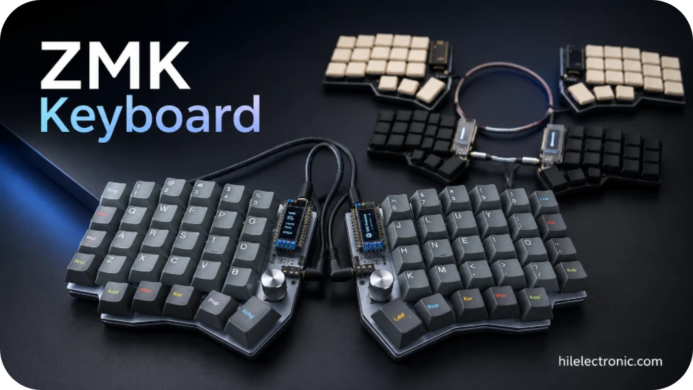 ZMK keyboard PCBA with BLE controller and battery circuit