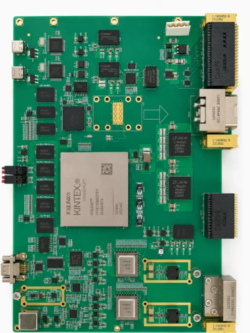 High-density FPGA circuit board illustrating BGA, connector and power sections for PCB assembly
