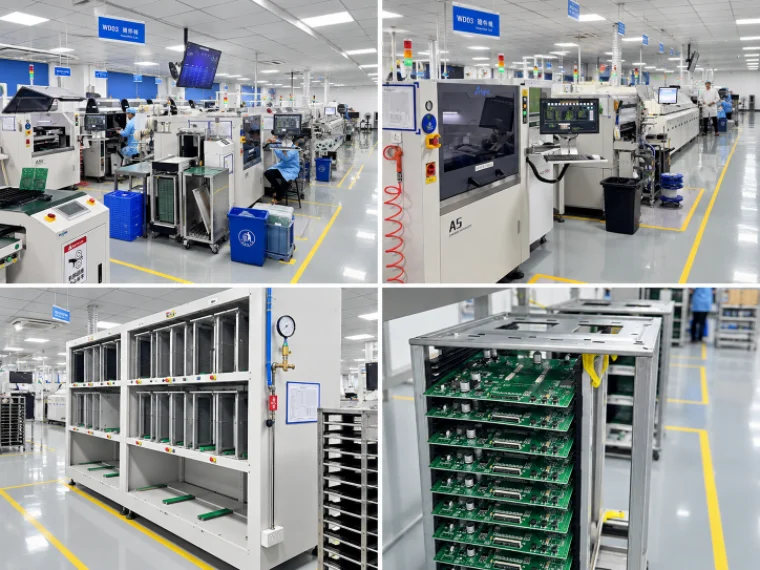 PCBA production racks and assembled boards