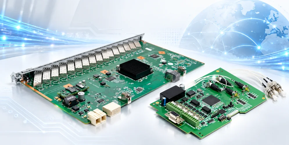 Optical communication PCB assemblies with network and fiber interfaces