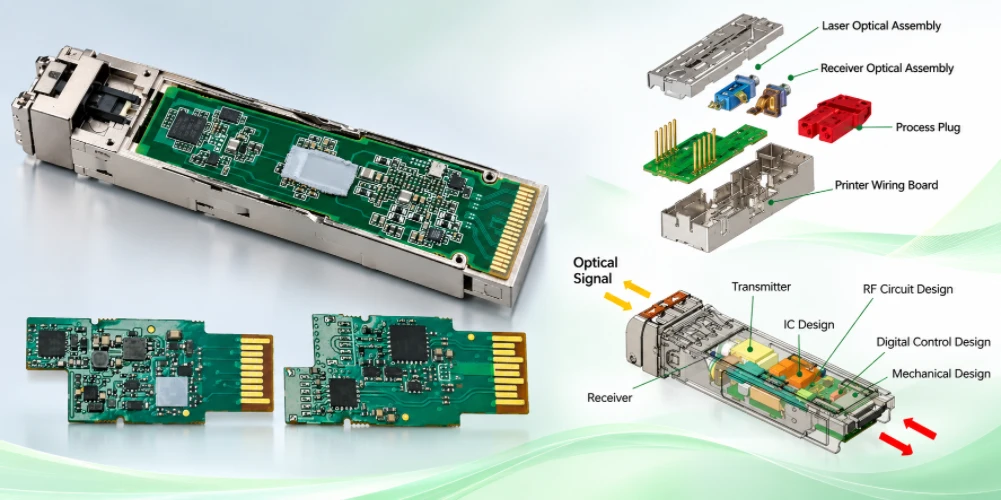 Optical transceiver PCBA and exploded module assembly diagram