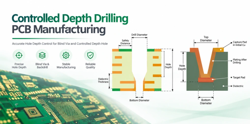 Controlled-depth PCB drilling with backdrill and via cross-section diagrams
