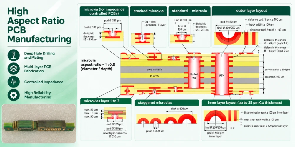 High aspect ratio PCB manufacturing and microvia stackup diagrams