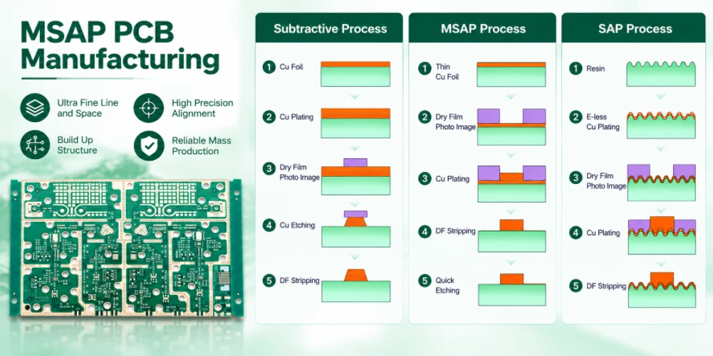 mSAP PCB manufacturing compared with subtractive and SAP processes