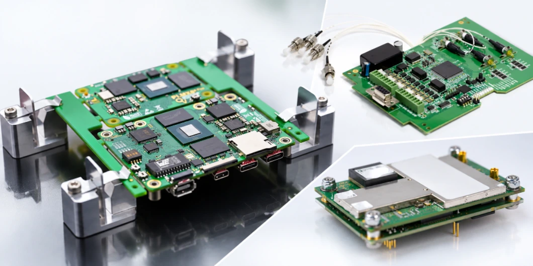 Prototype PCB assembly mounted in a test fixture